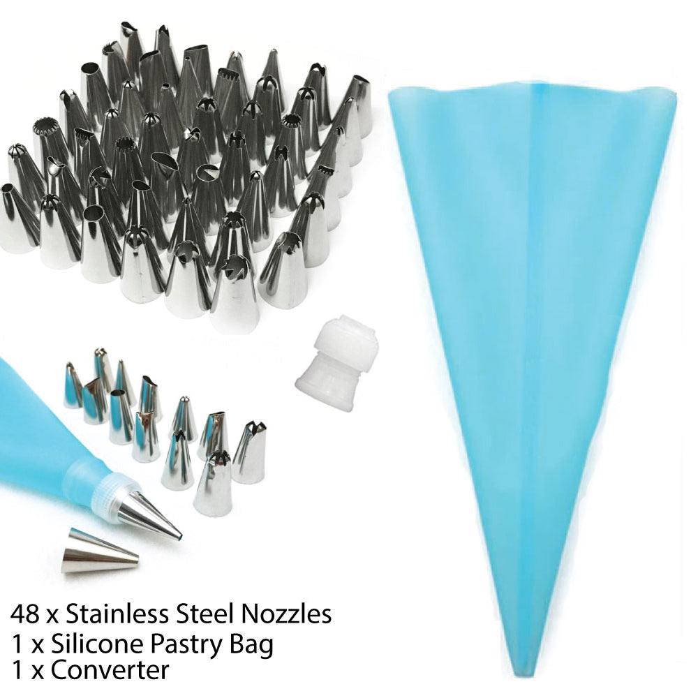 Silicone Icing Piping Cream Pastry Bag Set with 48 Stainless Steel Nozzles / 1 Converter