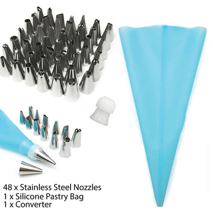 Silicone Icing Piping Cream Pastry Bag Set with 48 Stainless Steel Nozzles / 1 Converter