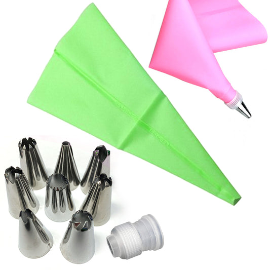 Silicone Pastry Bag Set with 8 Stainless Steel Nozzles / 1 Converter