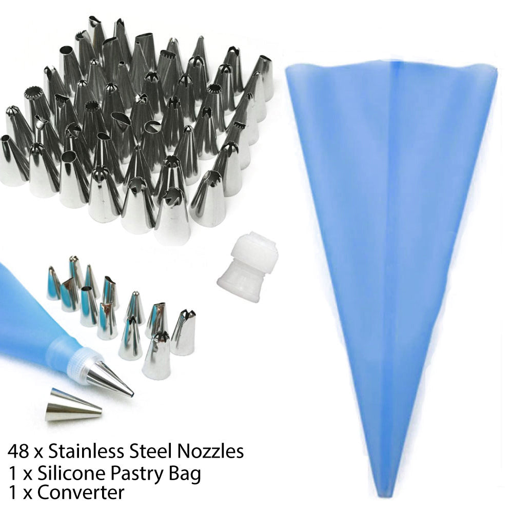 Silicone Icing Piping Cream Pastry Bag Set with 48 Stainless Steel Nozzles / 1 Converter