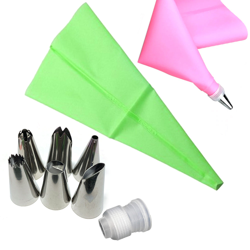 Silicone Pastry Bag Set with 6 Stainless Steel Nozzles / 1 Converter