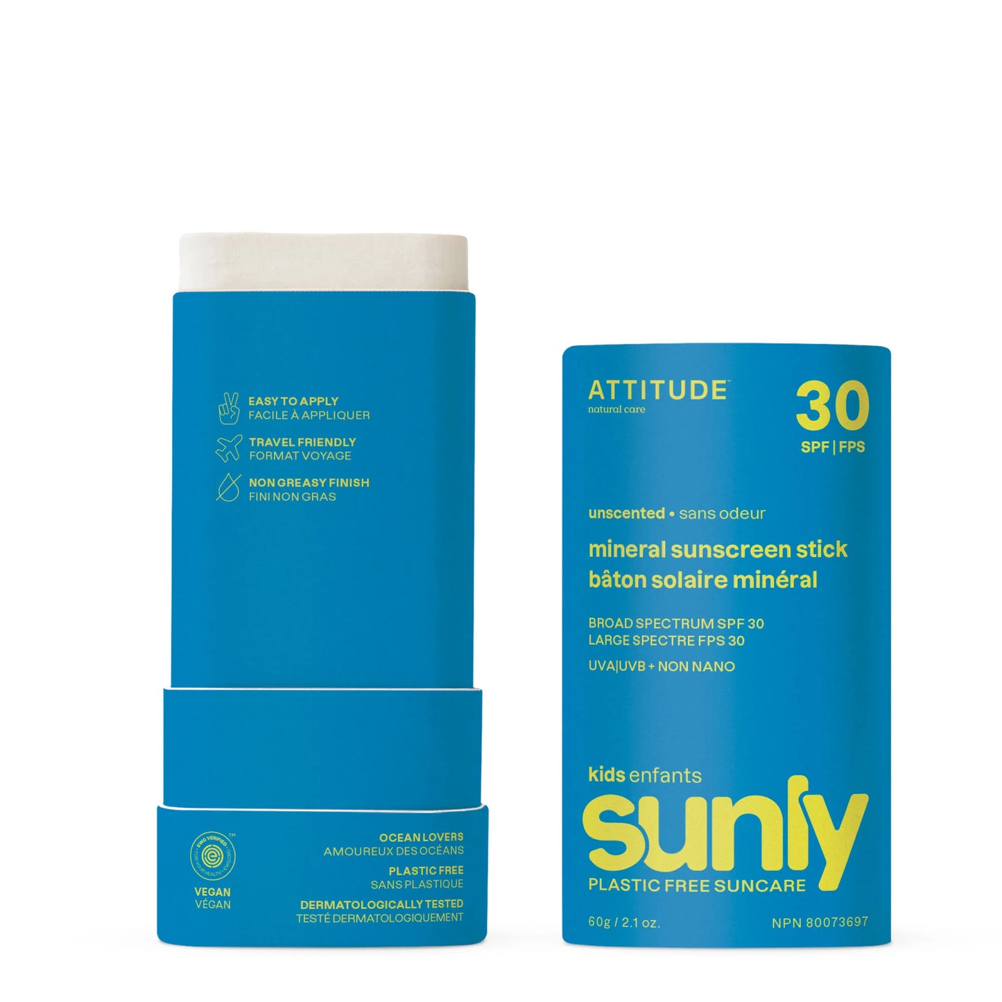 ATTITUDE SUNLY Children – Sunscreen stick – SPF 30 – Unscented 60g