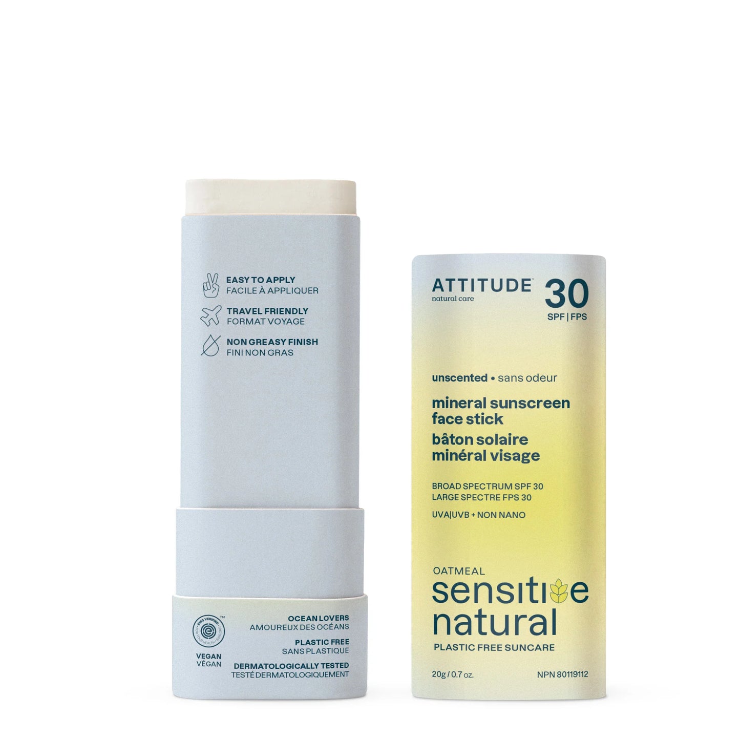 ATTITUDE SUNLY Oatmeal Sensitive Natural – Sunscreen face stick – SPF 30 – Unscented 20g