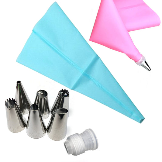 Silicone Pastry Bag Set with 6 Stainless Steel Nozzles / 1 Converter